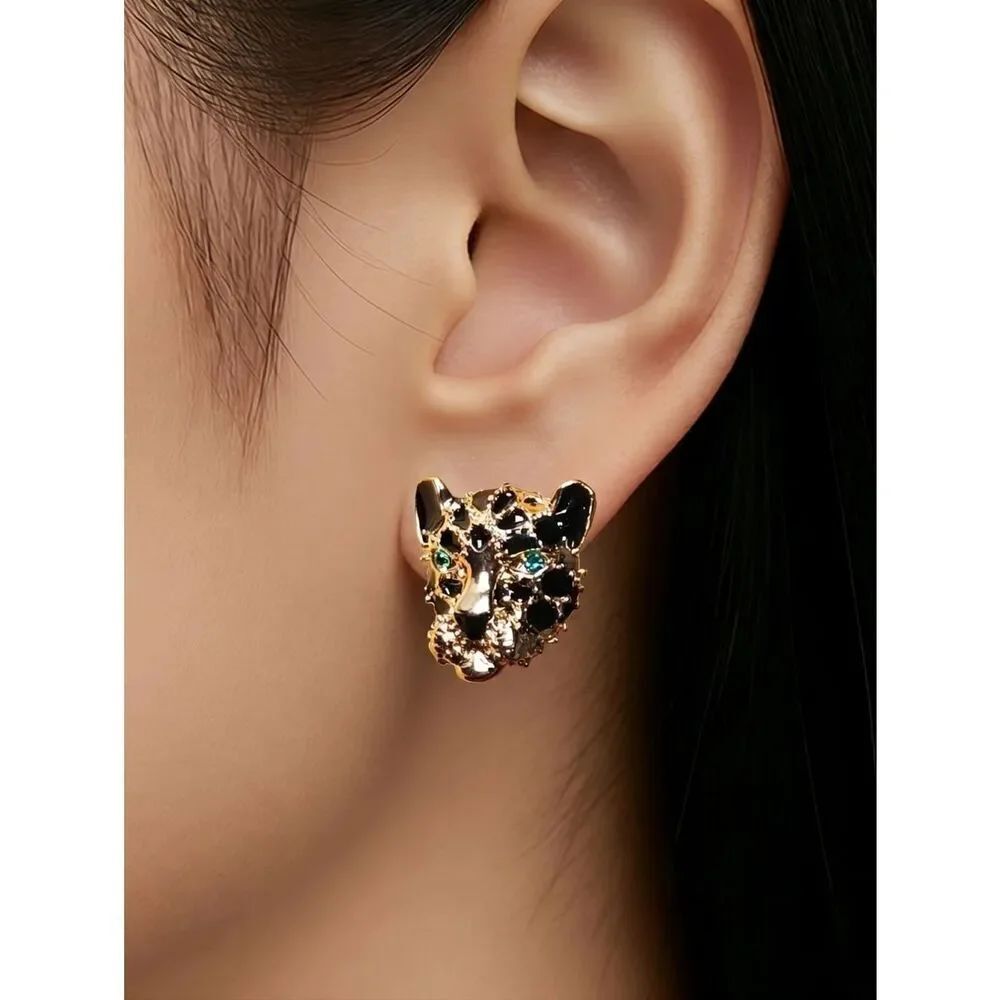 Gold Leopard Head Stud Earrings Black Enamel Green Rhinestone Eyes Wild Cat NWT